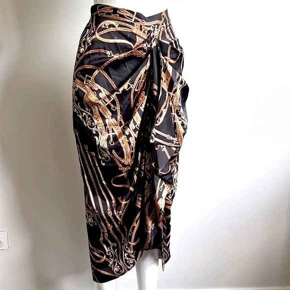 SHEIKE Asymmetric Pencil Skirt. Black and Brown Abstract Print - Picture 6 of 8